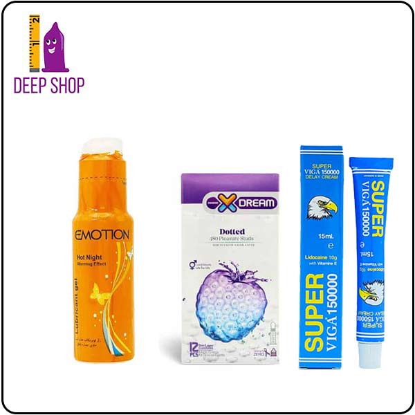 خرید و قیمت پک ویژه کرم تاخیری ویگا + ژل نارنجی ایموشن + کاندوم خاردار X-Dream