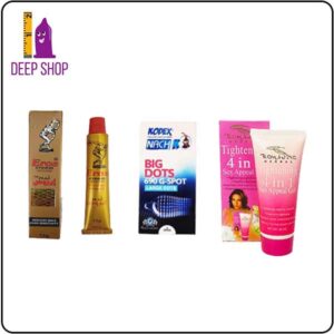 بررسی مشخصات و معرفی پک کرم تاخیری اروس + ژل تنگ کننده جگوار صورتی + کاندوم خاردار ناچ کدکس
