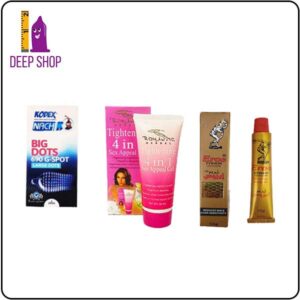 خرید و قیمت پک کرم تاخیری اروس + ژل تنگ کننده جگوار صورتی + کاندوم خاردار ناچ کدکس